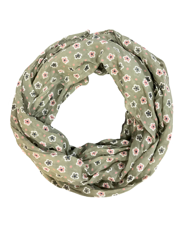 Foulard kaki à motifs floraux rose et blanc