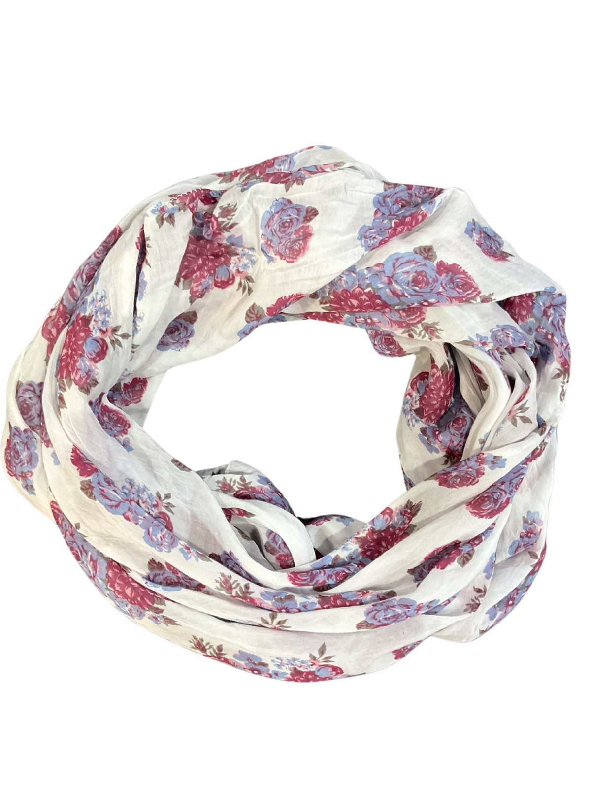 Foulard blanc à motifs floraux magenta et bleu
