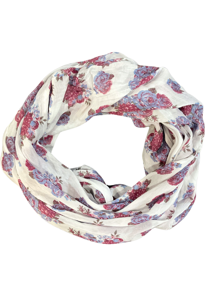Foulard blanc à motifs floraux magenta et bleu