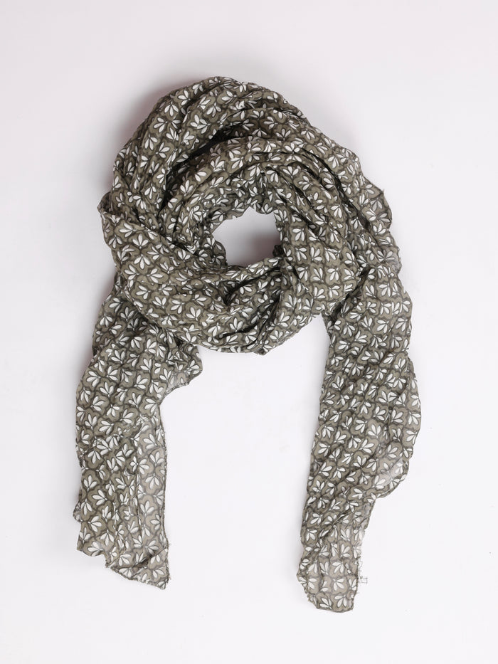 Foulard kaki à motifs floraux blancs