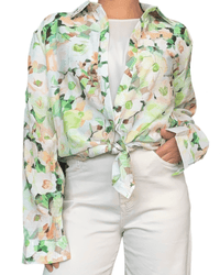 Chemise avec imprimé floral vert et beige pour femme avec nœud.