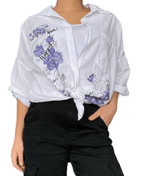 Chemise blanche pour femme avec imprimé floral mauve avec nœud.