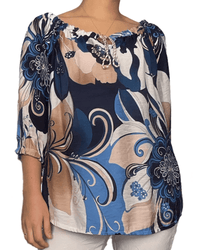 Blouse avec imprimé floral beige et marine pour femme.