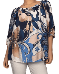 Blouse avec imprimé floral beige et marine pour femme.