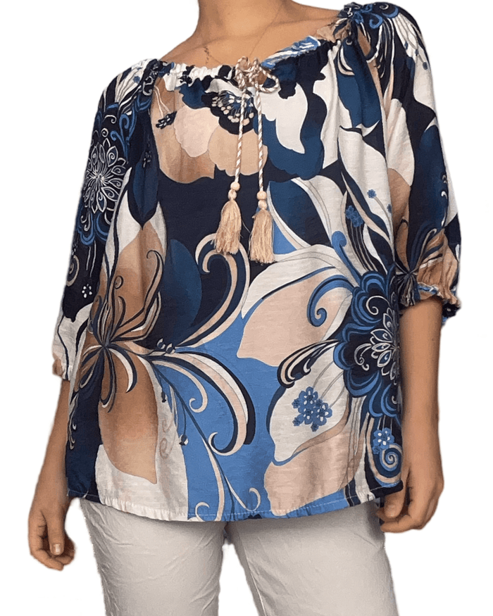 Blouse avec imprimé floral beige et marine pour femme.