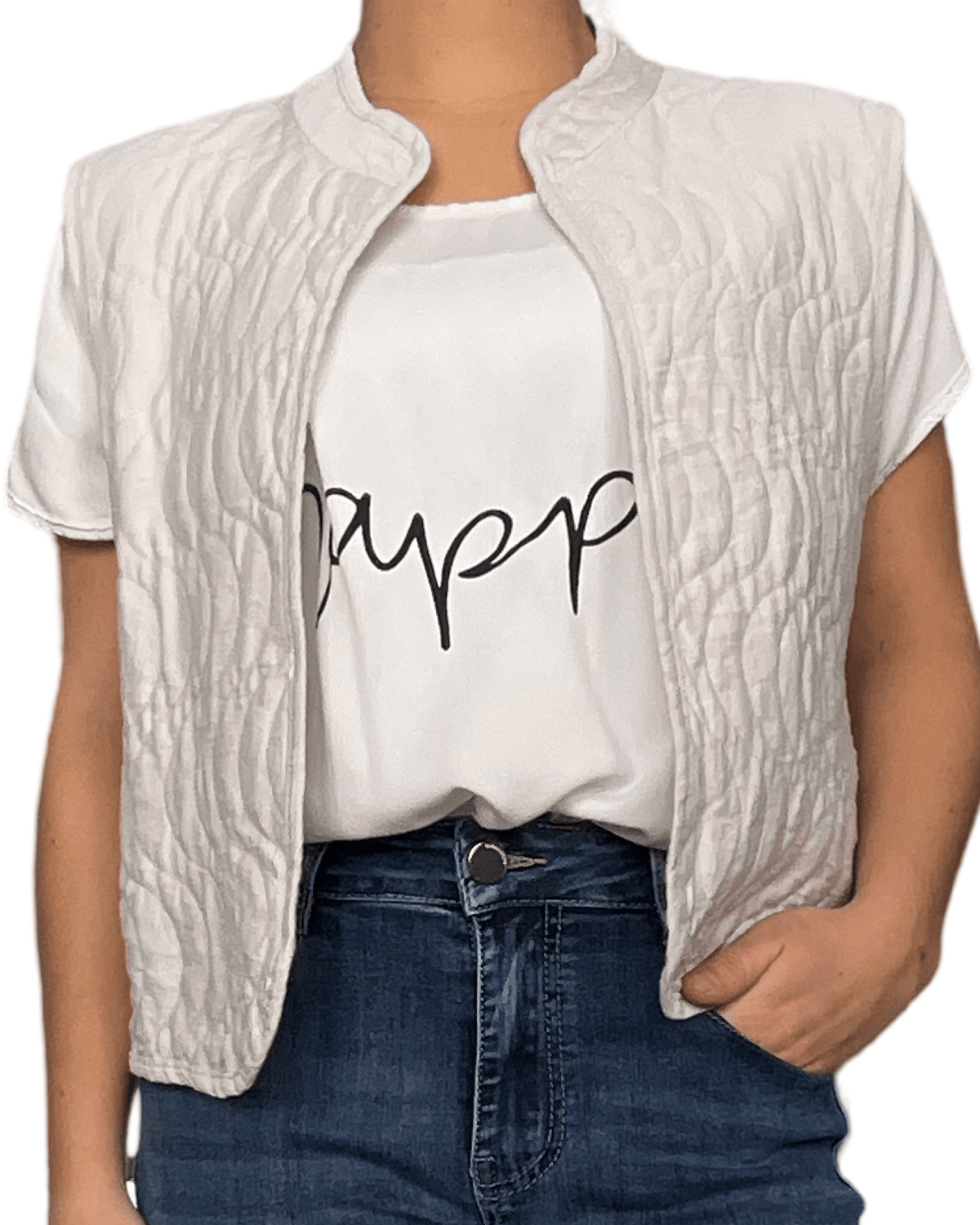 T-shirt blanc ''Happy'' pour femme avec veste sans manches.