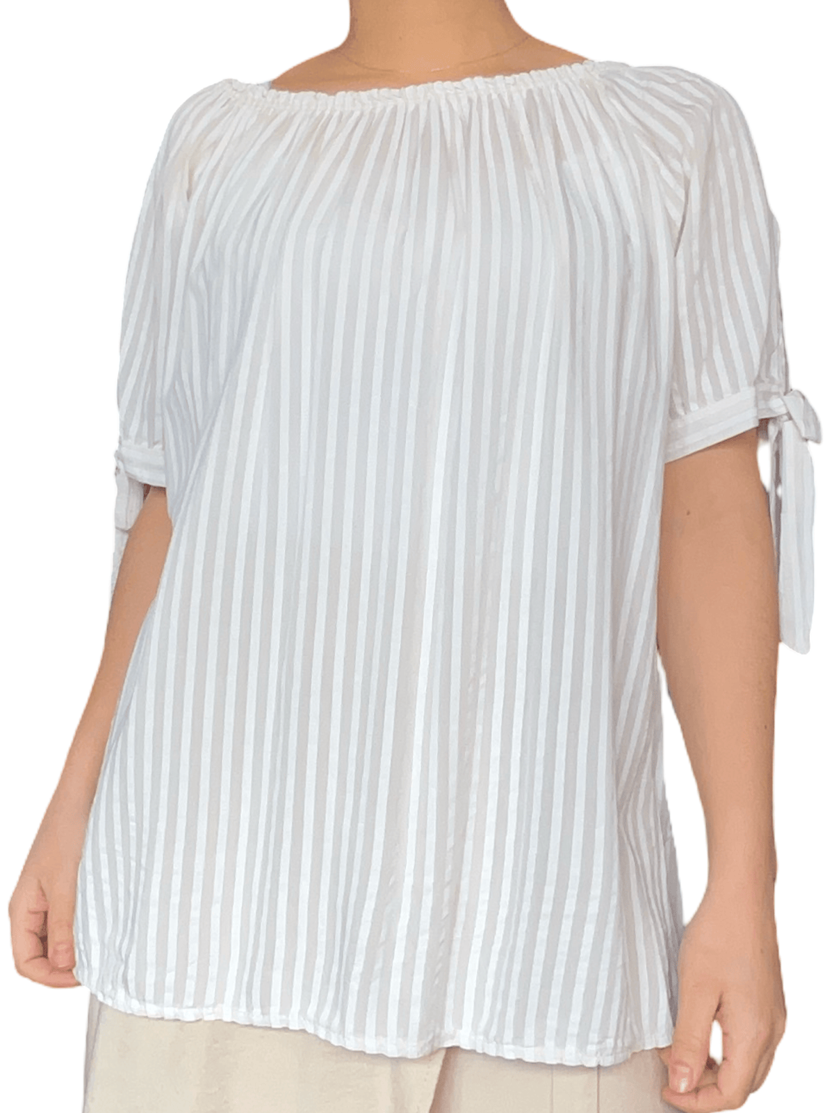 Blouse rayée blanc et beige pour femme.