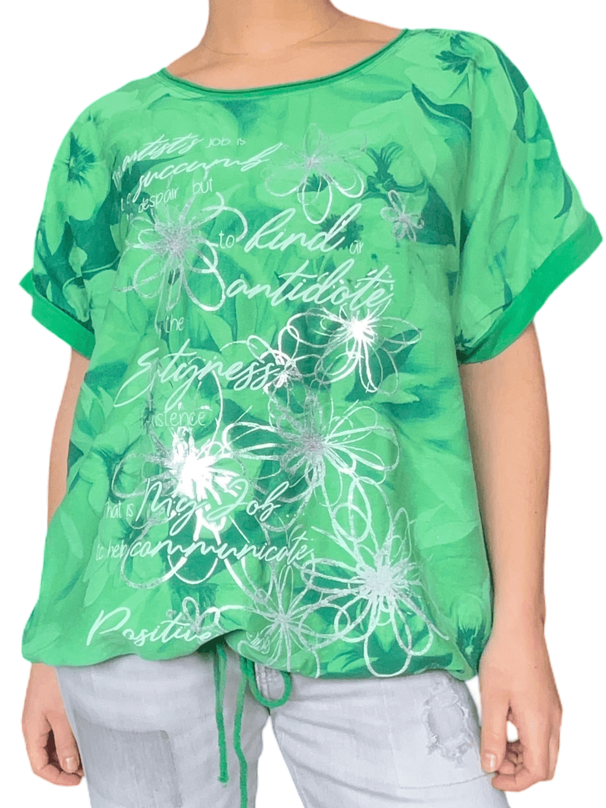 T-shirt vert avec imprimé floral argenté et vert pour femme.