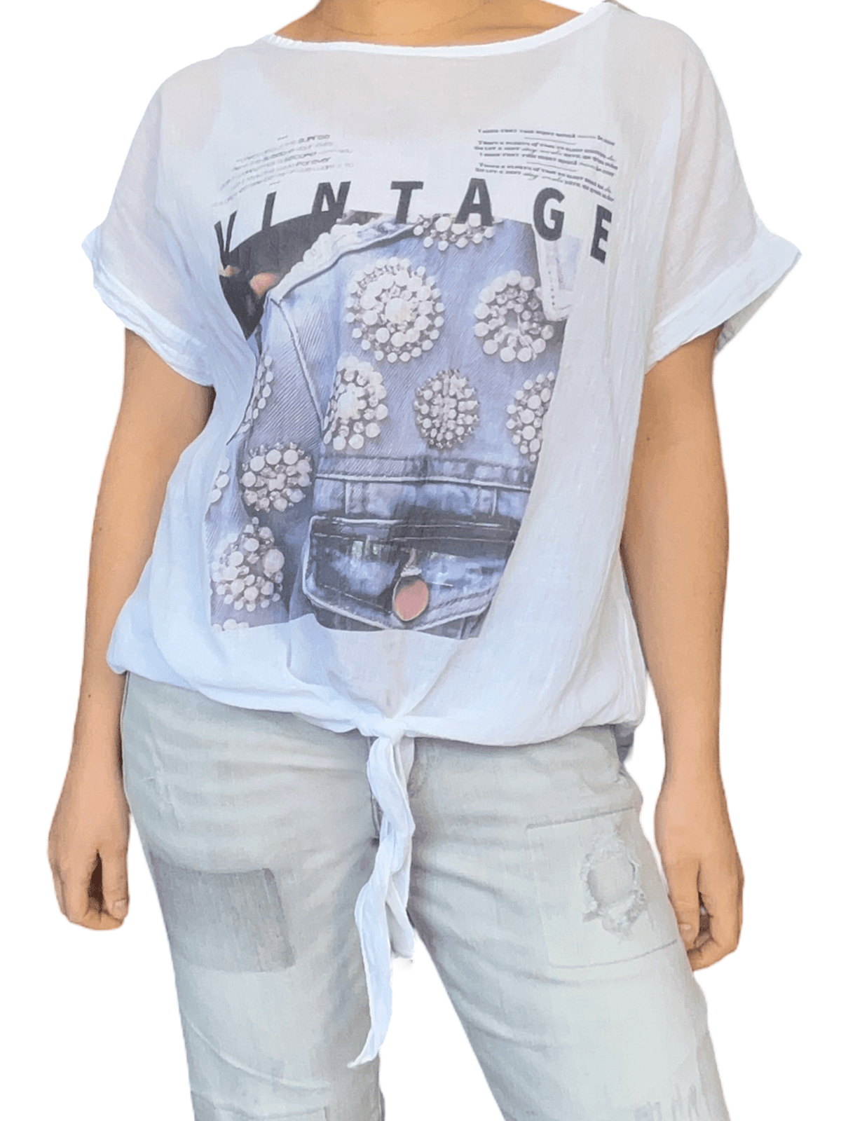 T-shirt blanc avec imprimé vintage pour femme.