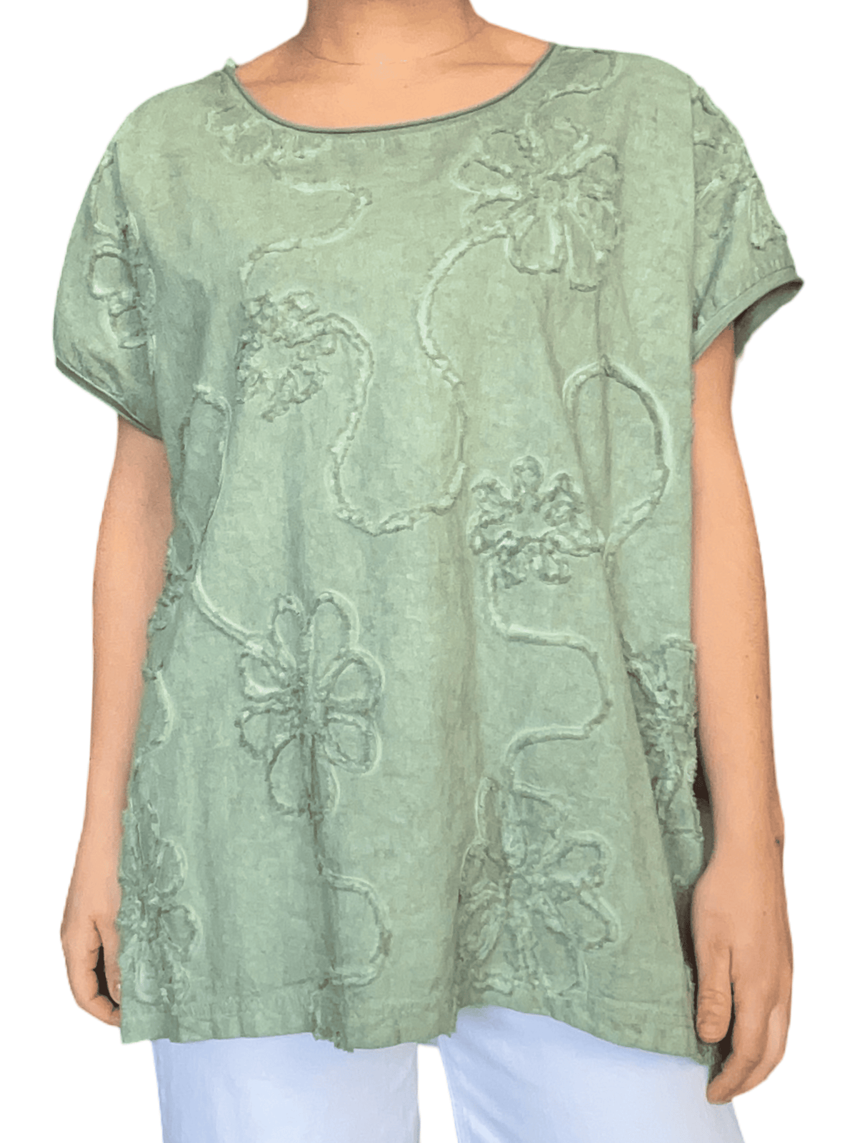 T-shirt vert à motifs floraux brodés pour femme.