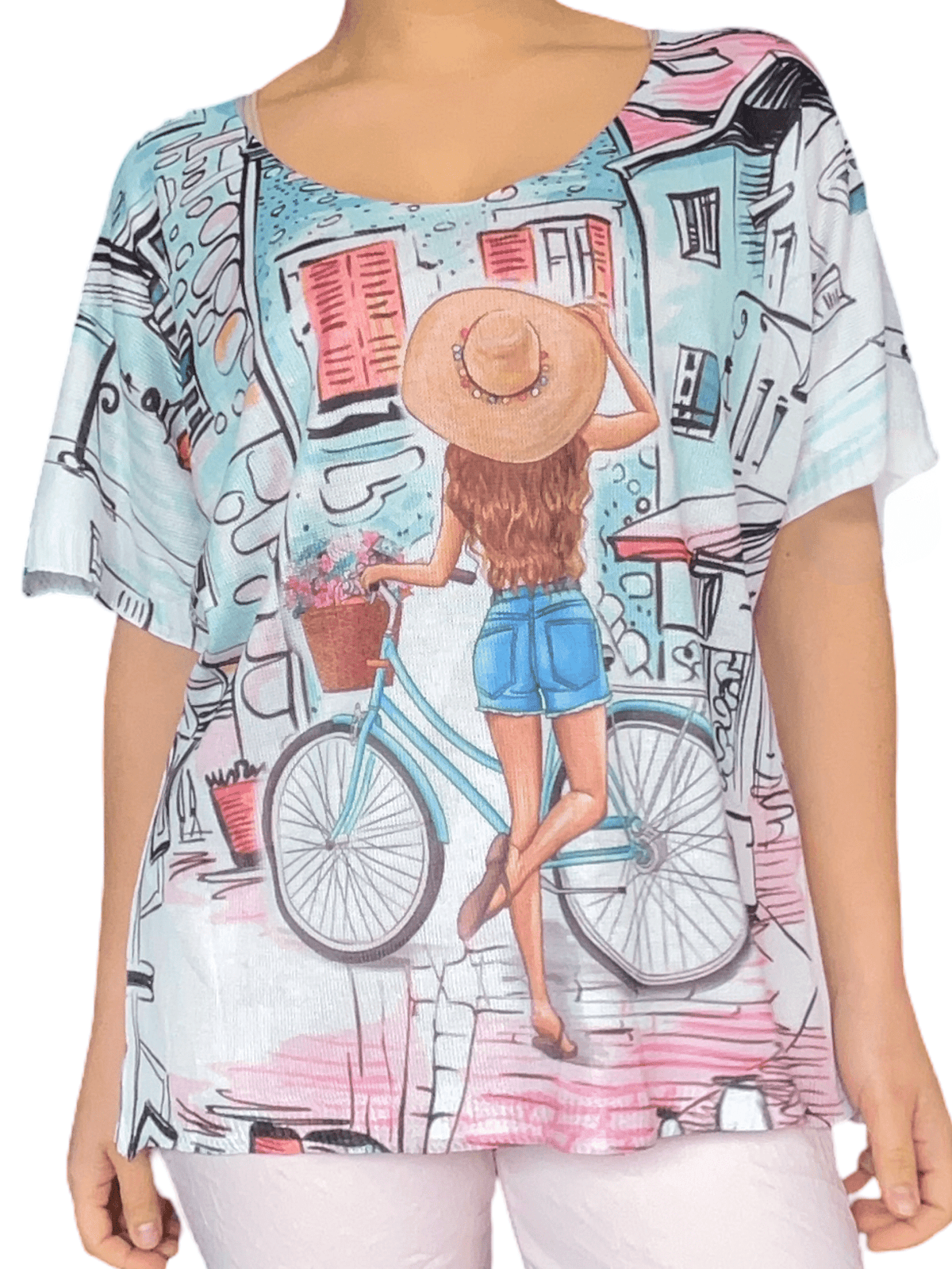 T-shirt pour femme avec imprimé d'une femme et son vélo.
