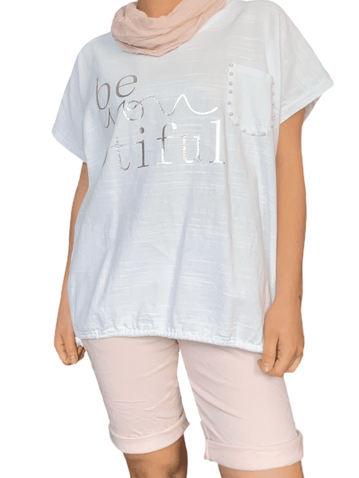 T-shirt blanc avec imprimé ''Be you tiful'' pour femme avec foulard.