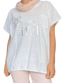 T-shirt blanc avec imprimé ''Be you tiful'' pour femme avec foulard.