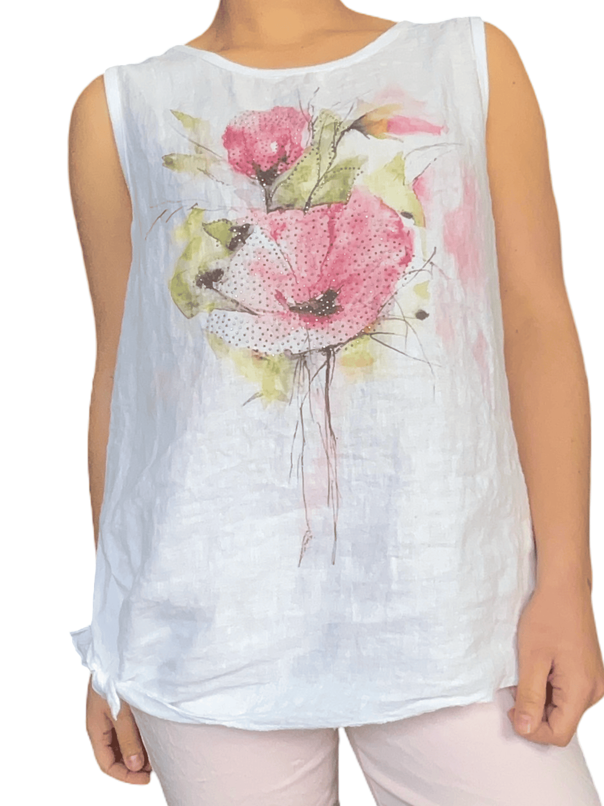 Camisole blanche pour femme avec imprimé d'une fleur.