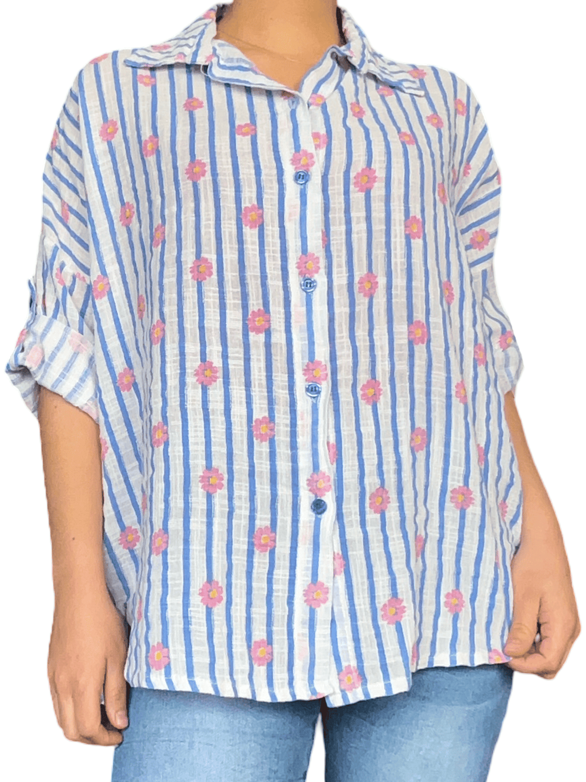 Chemise blanche rayée bleue à motifs floraux pour femme.