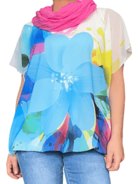 Blouse multicolore pour femme avec imprimé de fleur bleue avec foulard.