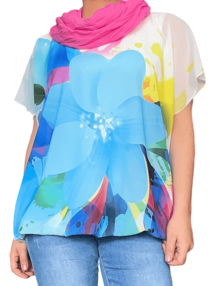 Blouse multicolore pour femme avec imprimé de fleur bleue avec foulard.