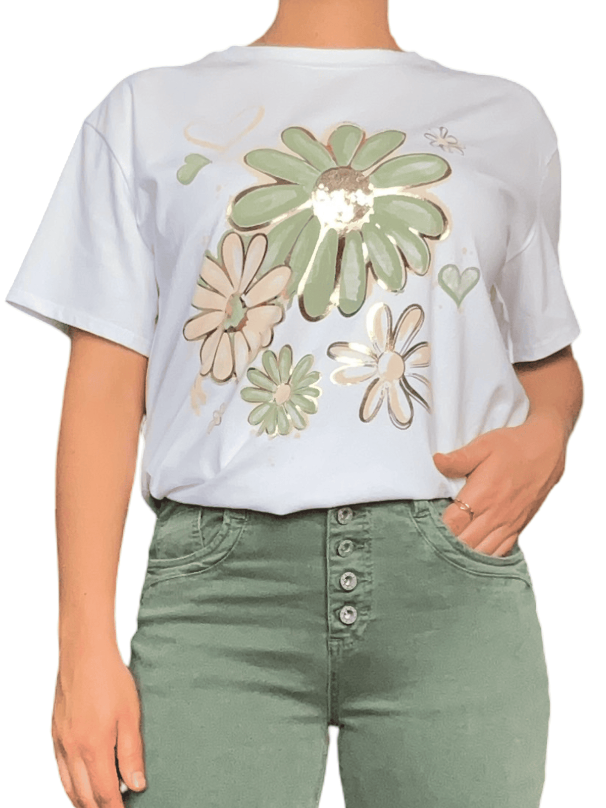 T-shirt blanc avec imprimé de fleurs kaki et beige pour femme.