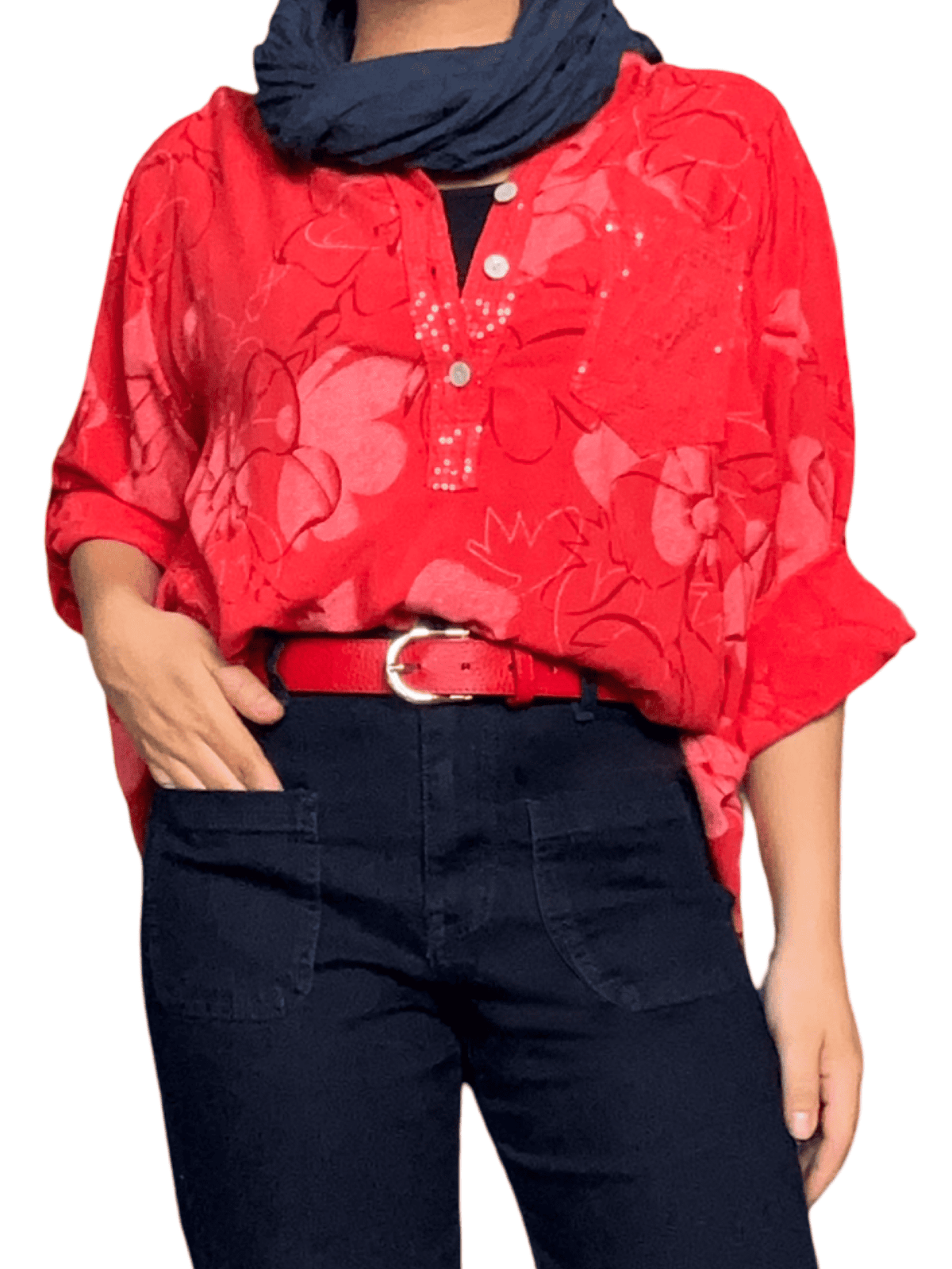Blouse rouge avec imprimé floral pour femme avec foulard.