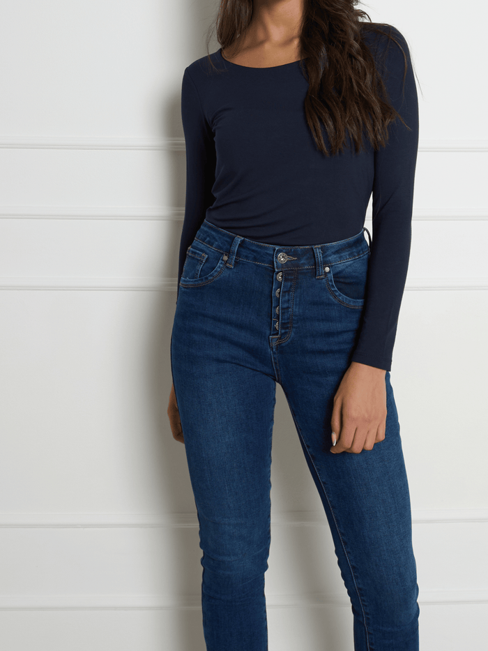 Long sleeve plain U-neck sweater - Fitted
