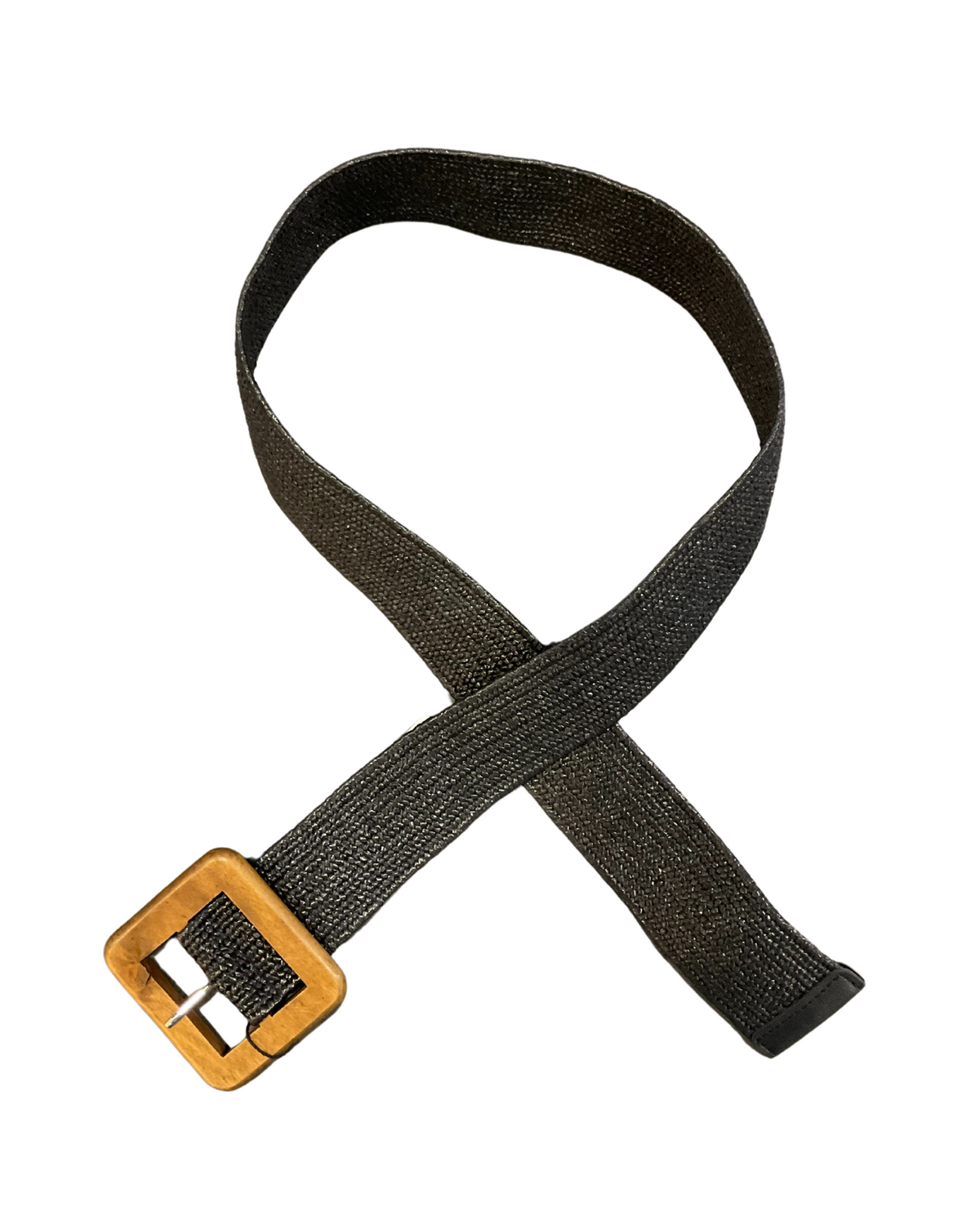 Ceinture noire élastique en jute avec boucle carrée pour femme.