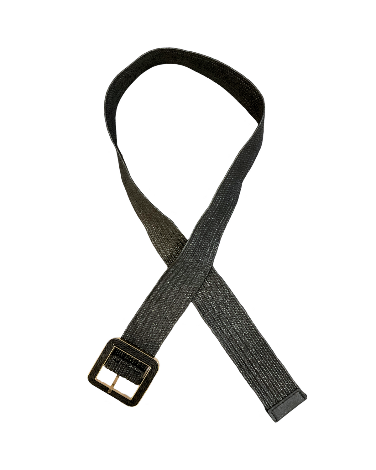 Ceinture noire élastique en jute avec boucle noire et dorée pour femme.