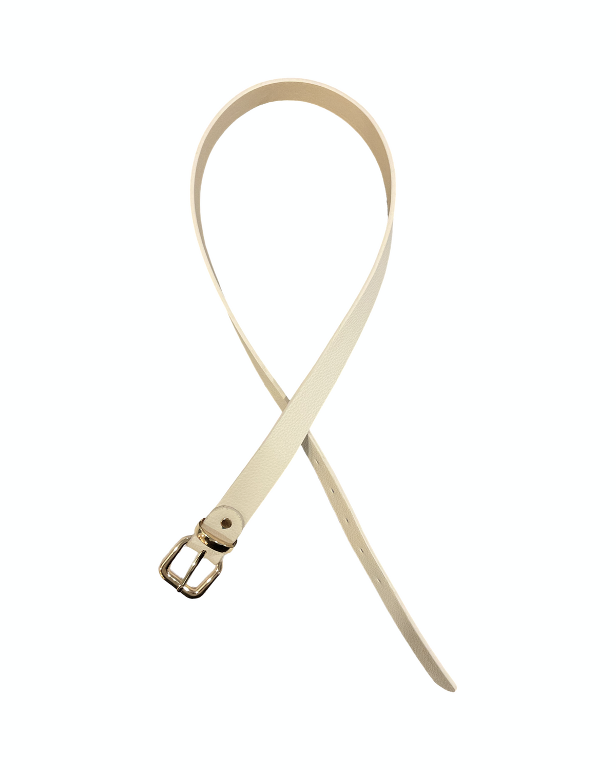 Ceinture beige avec boucle carrée dorée pour femme.
