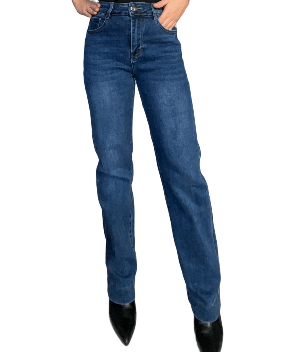 Jeans bleu droit à taille haute