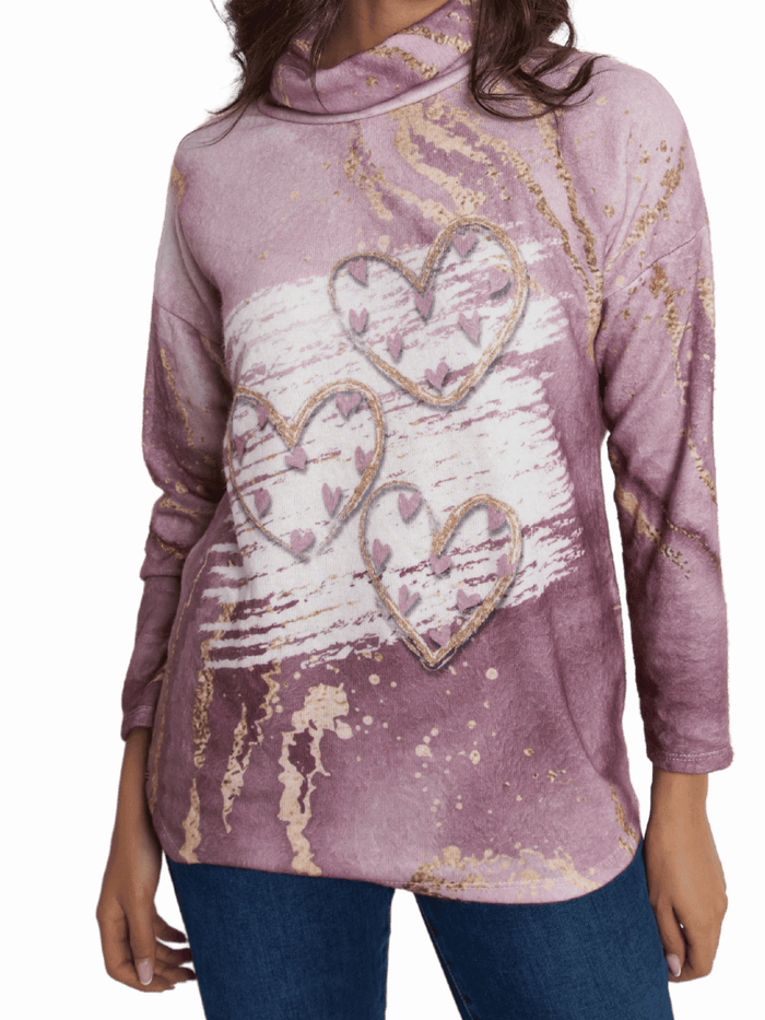 NEW - Chandail rose à col roulé avec imprimé de cœurs