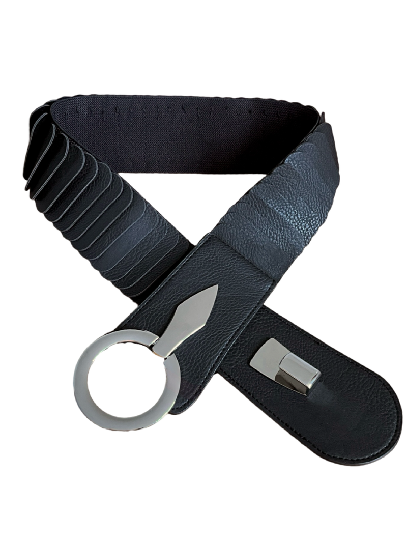 Black elastic leather belt with wide band