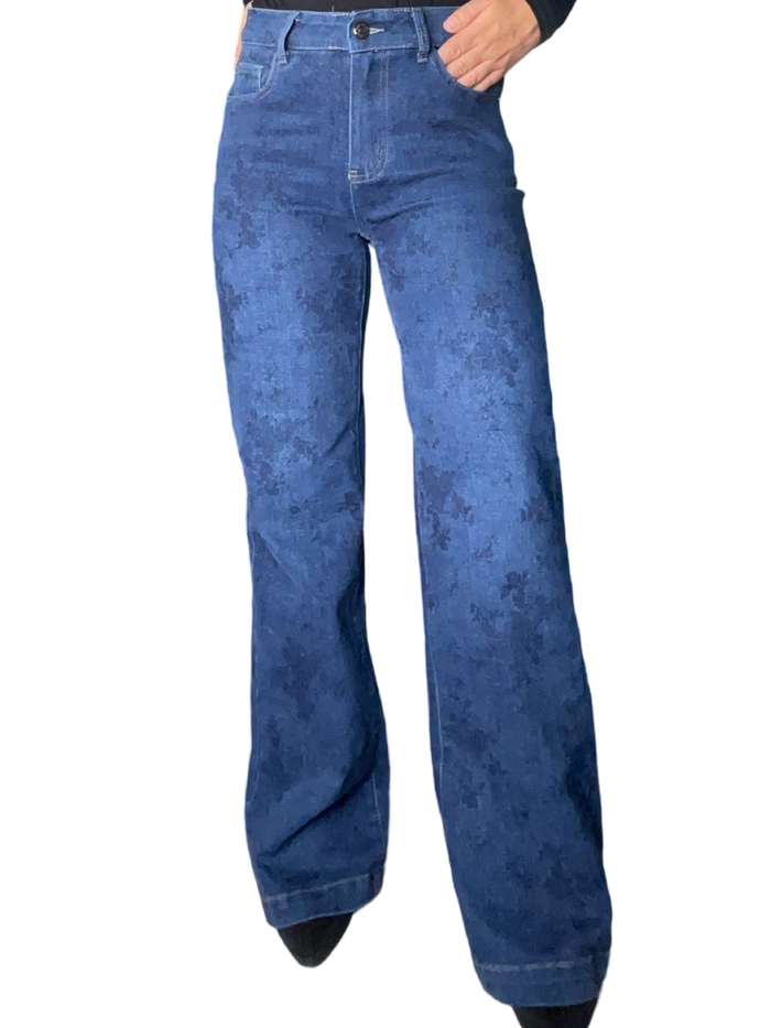 Jeans palazzo à imprimé de fleurs taille haute