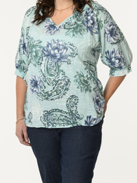 Chandail aqua avec imprimé de fleurs et paisleys