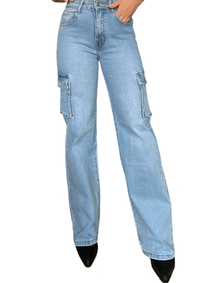 Jeans cargo bleu clair à taille haute