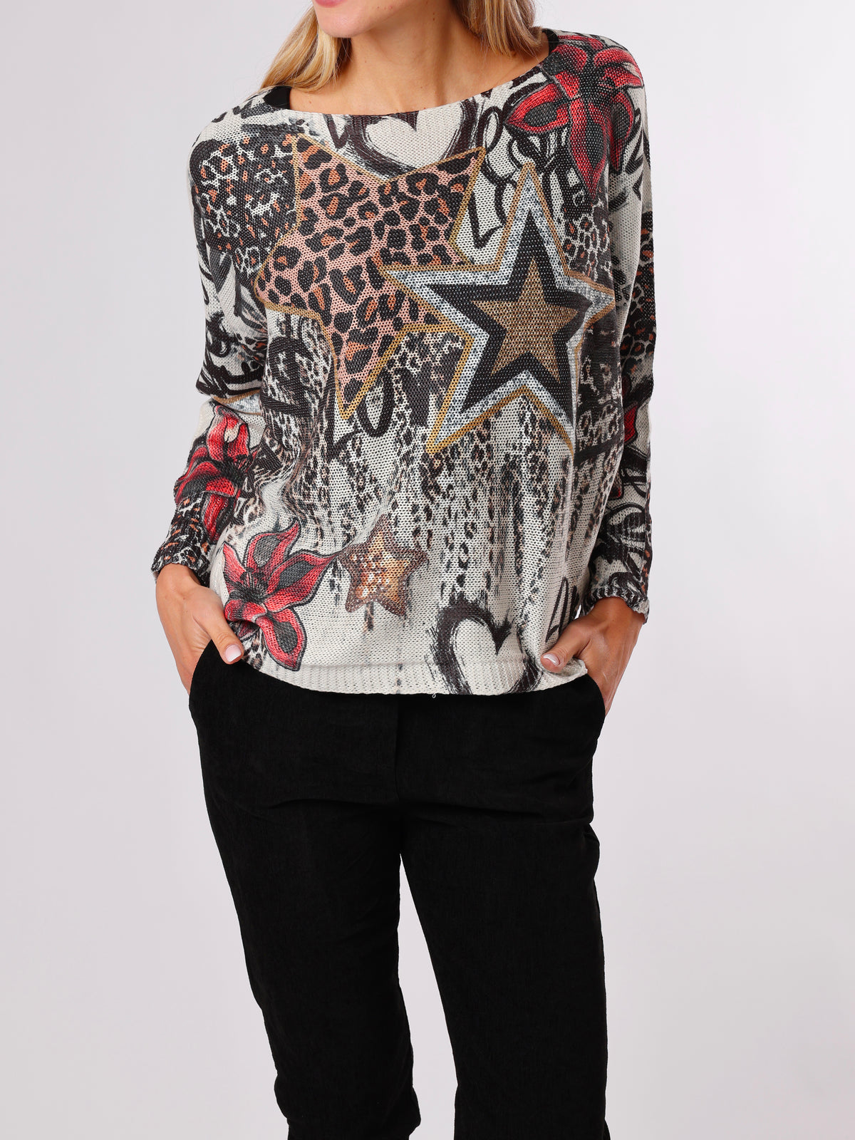 NEW - Chandail en mailles avec imprimé animal et étoiles