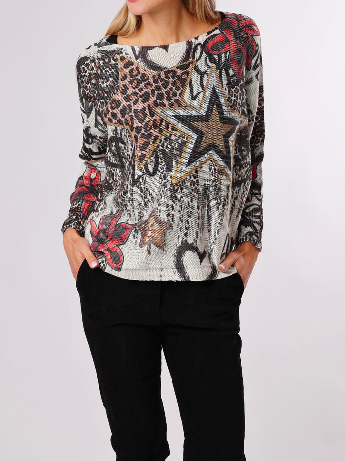 NEW - Chandail en mailles avec imprimé animal et étoiles