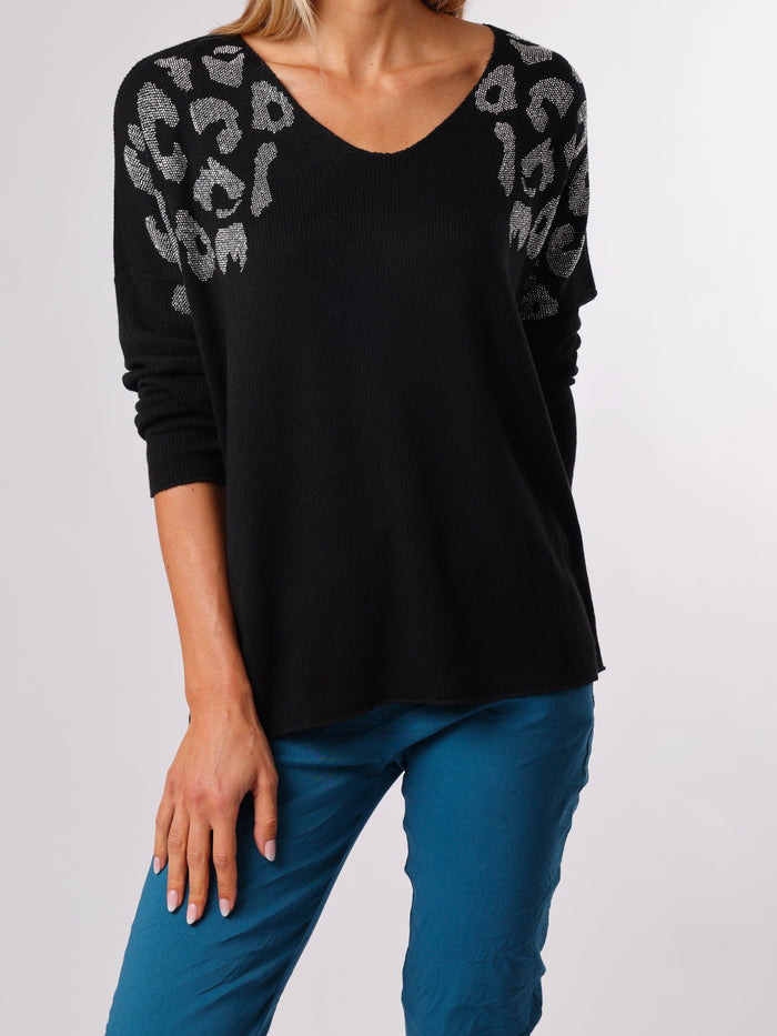 NEW - Chandail noir à motifs de léopard argentés