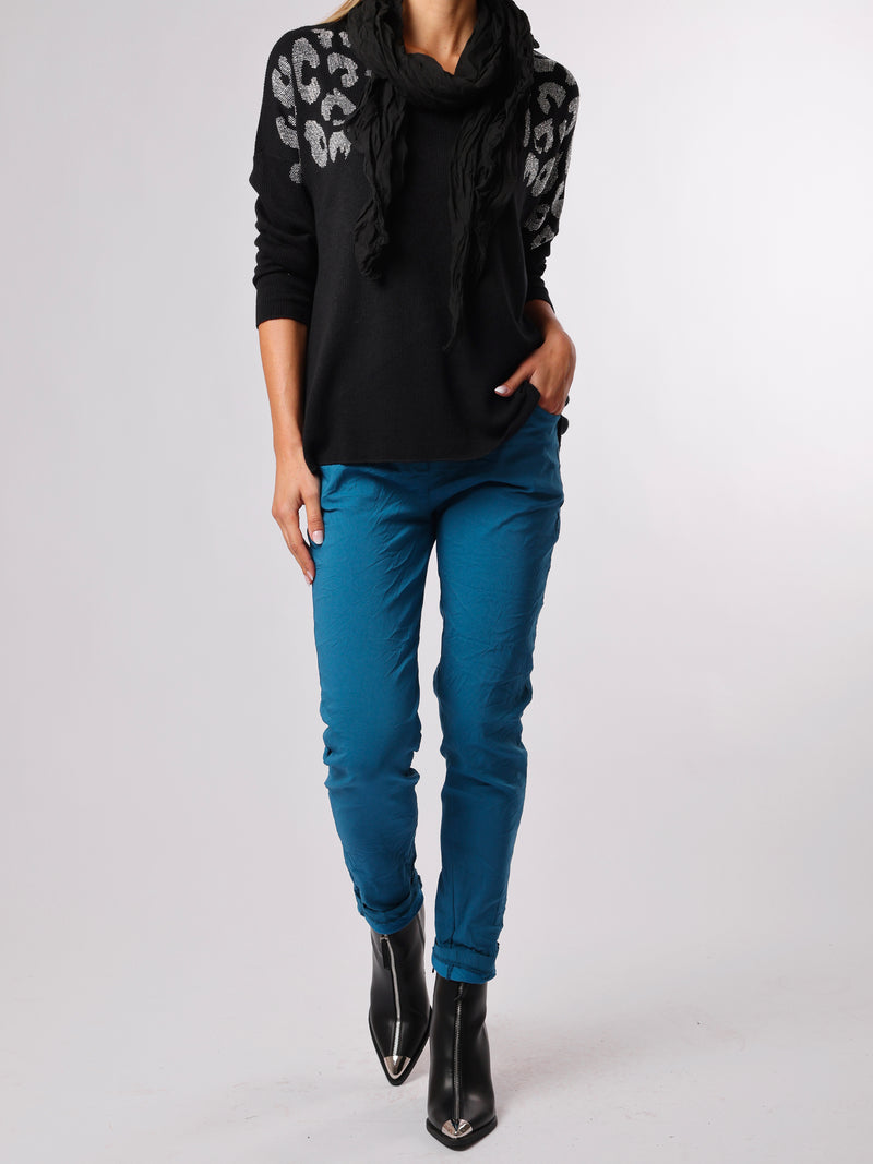 NEW - Chandail noir à motifs de léopard argentés