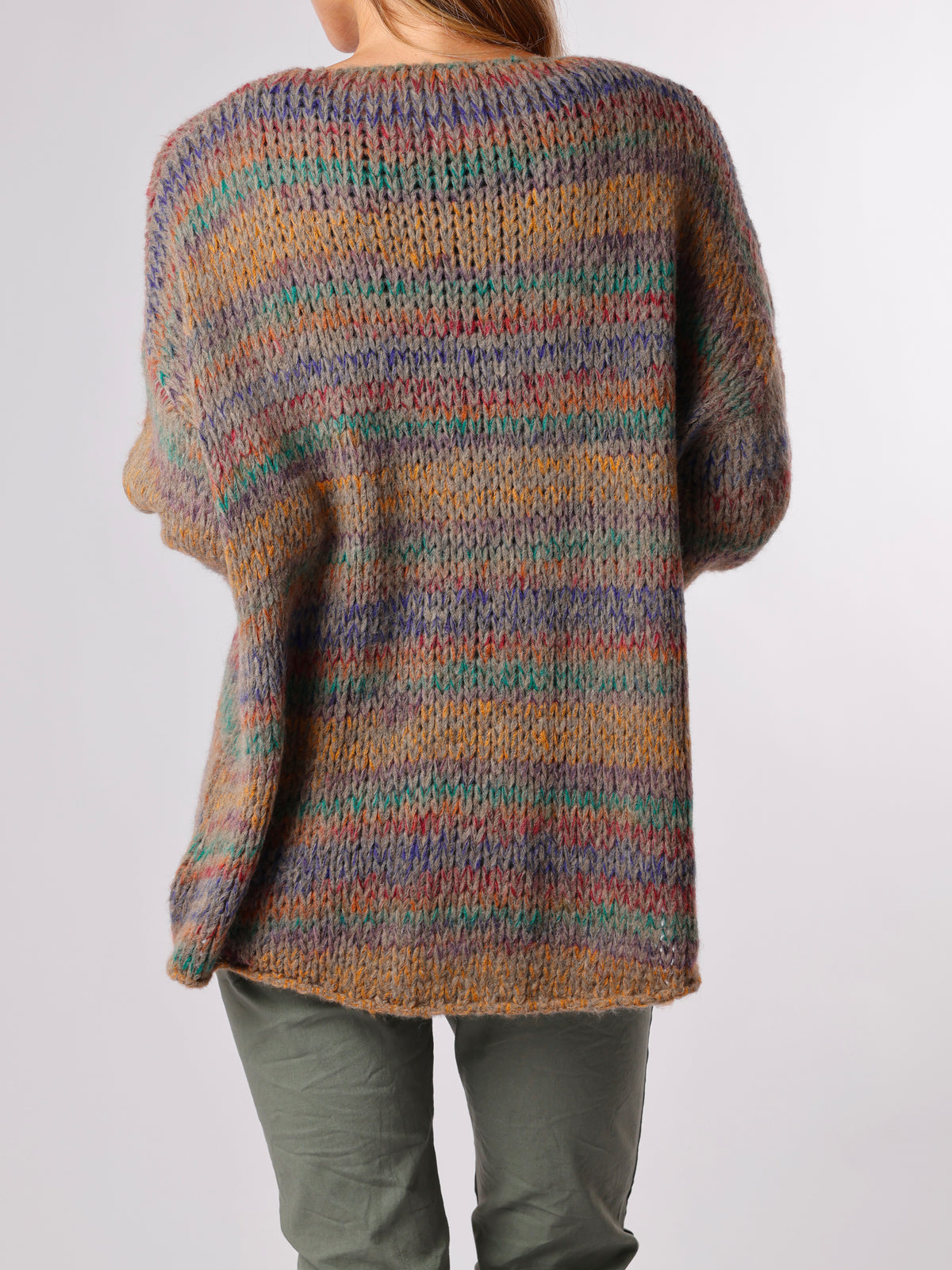 NEW - Chandail gris en tricot rayé multicolore
