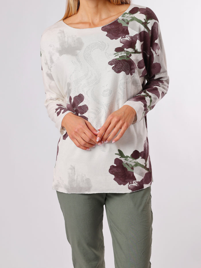 NEW - Chandail blanc avec imprimé floral prune