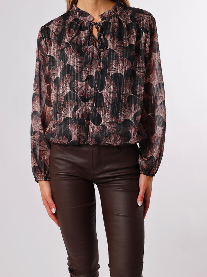 NEW - Blouse noire avec imprimé de feuilles brunes