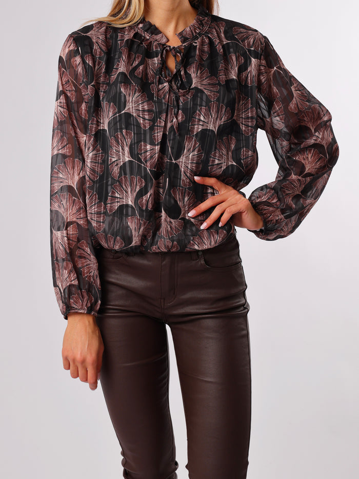 NEW - Blouse noire avec imprimé de feuilles brunes