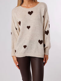 NEW - Chandail beige en tricot à motifs de cœurs