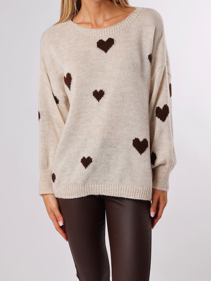 NEW - Chandail beige en tricot à motifs de cœurs