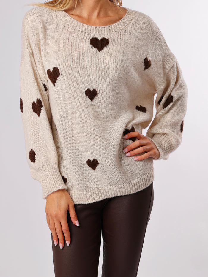 NEW - Chandail beige en tricot à motifs de cœurs