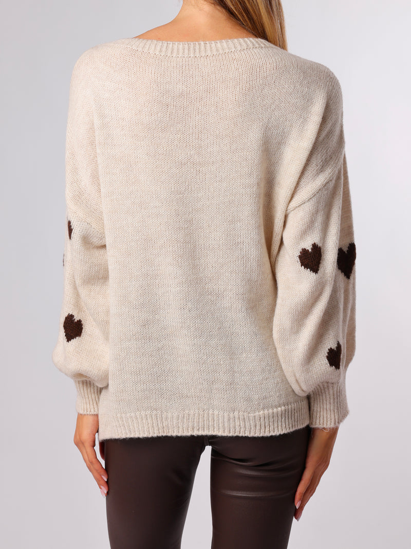 NEW - Chandail beige en tricot à motifs de cœurs