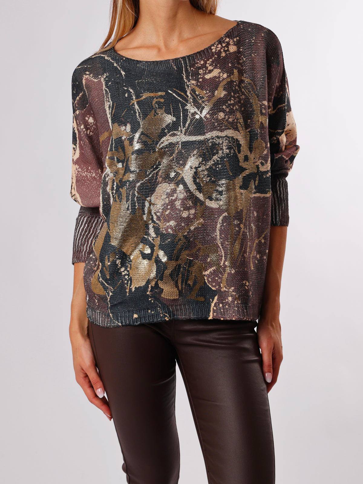 NEW - Chandail en mailles avec imprimé abstrait noir et brun