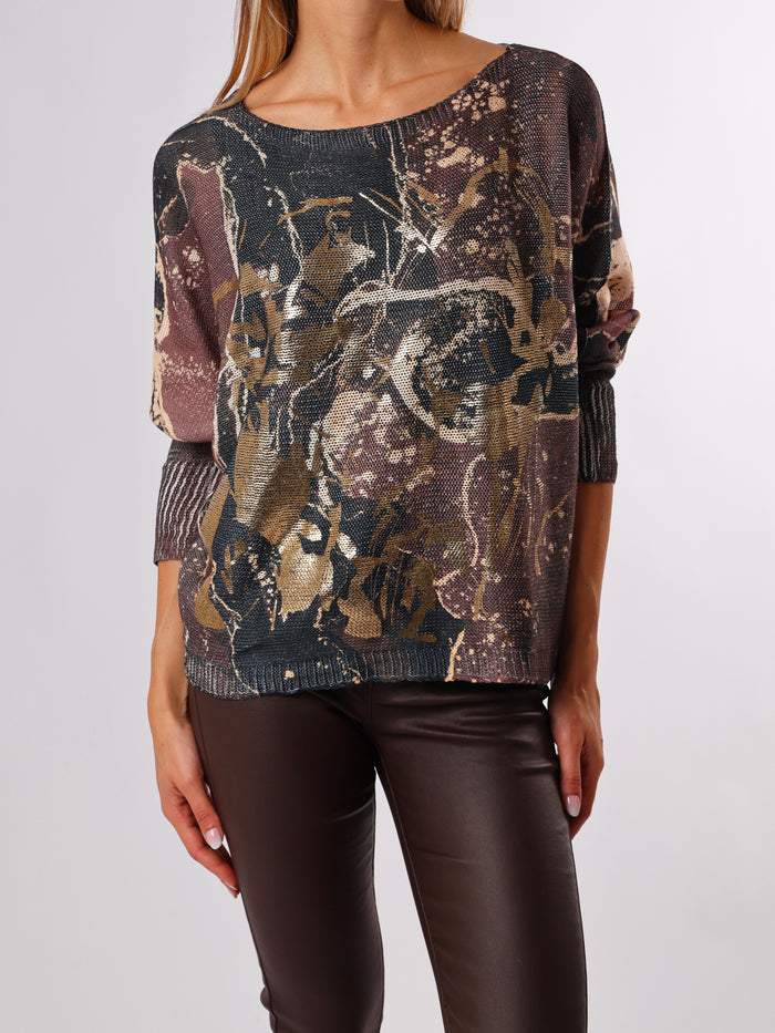 NEW - Chandail en mailles avec imprimé abstrait noir et brun