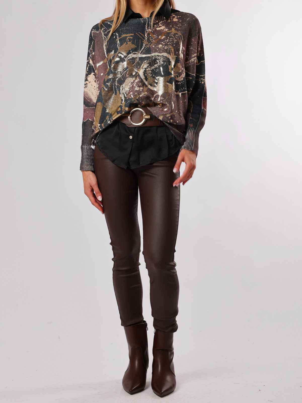NEW - Chandail en mailles avec imprimé abstrait noir et brun