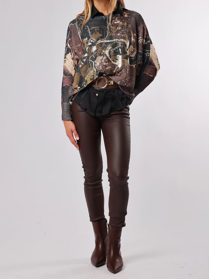 NEW - Chandail en mailles avec imprimé abstrait noir et brun