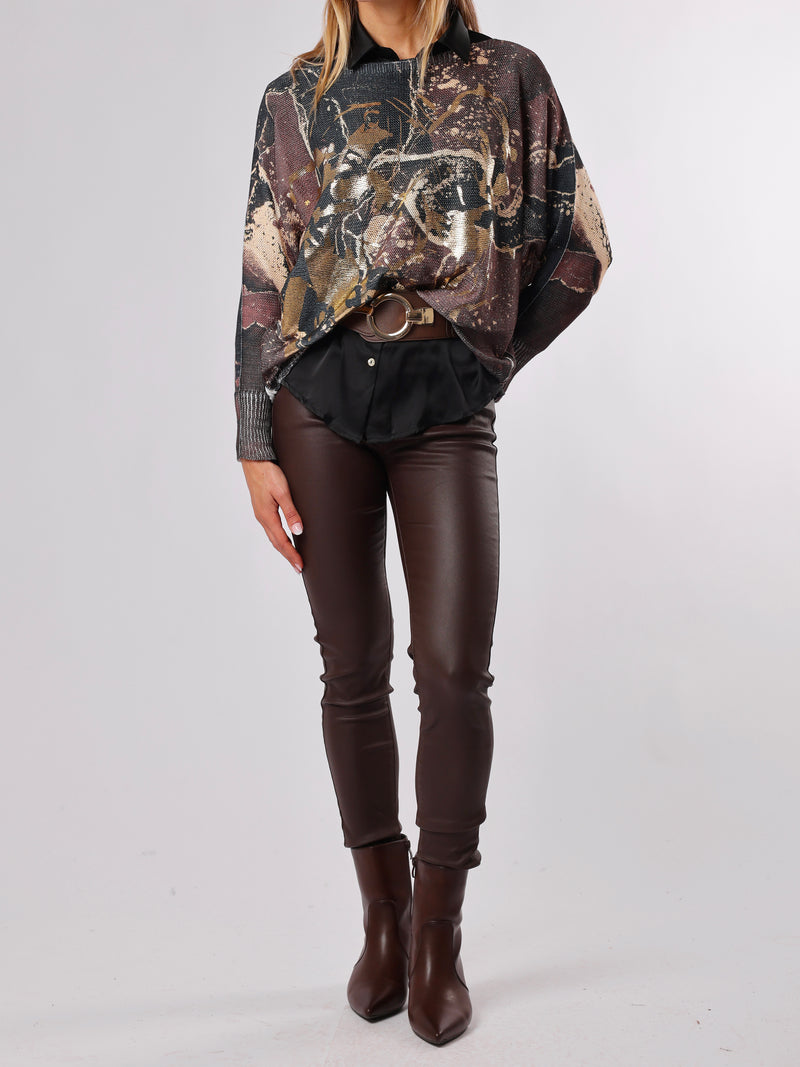 NEW - Chandail en mailles avec imprimé abstrait noir et brun